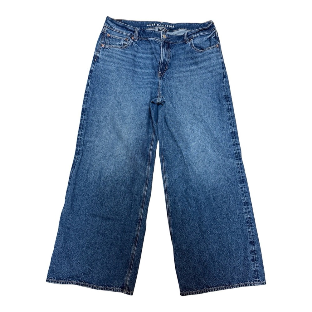American Eagle Low Rise Baggy Wide Leg Jeans Comfort Stretch Blue Denim Sz 14 - Picture 2 of 12
